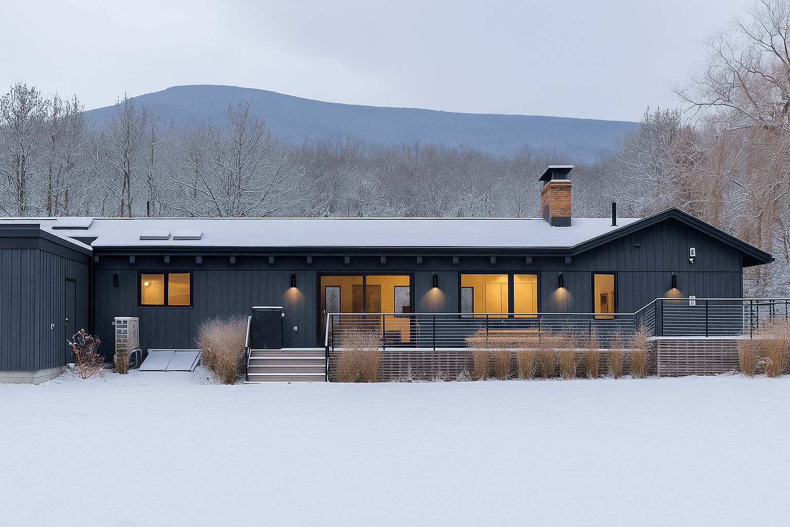 The back exterior of the dark gray house in a winter setting, with snow covering the ground and roof. Illuminated windows cast a warm glow, and a deck with cable railings is visible, overlooking a snow-covered landscape and distant mountains.