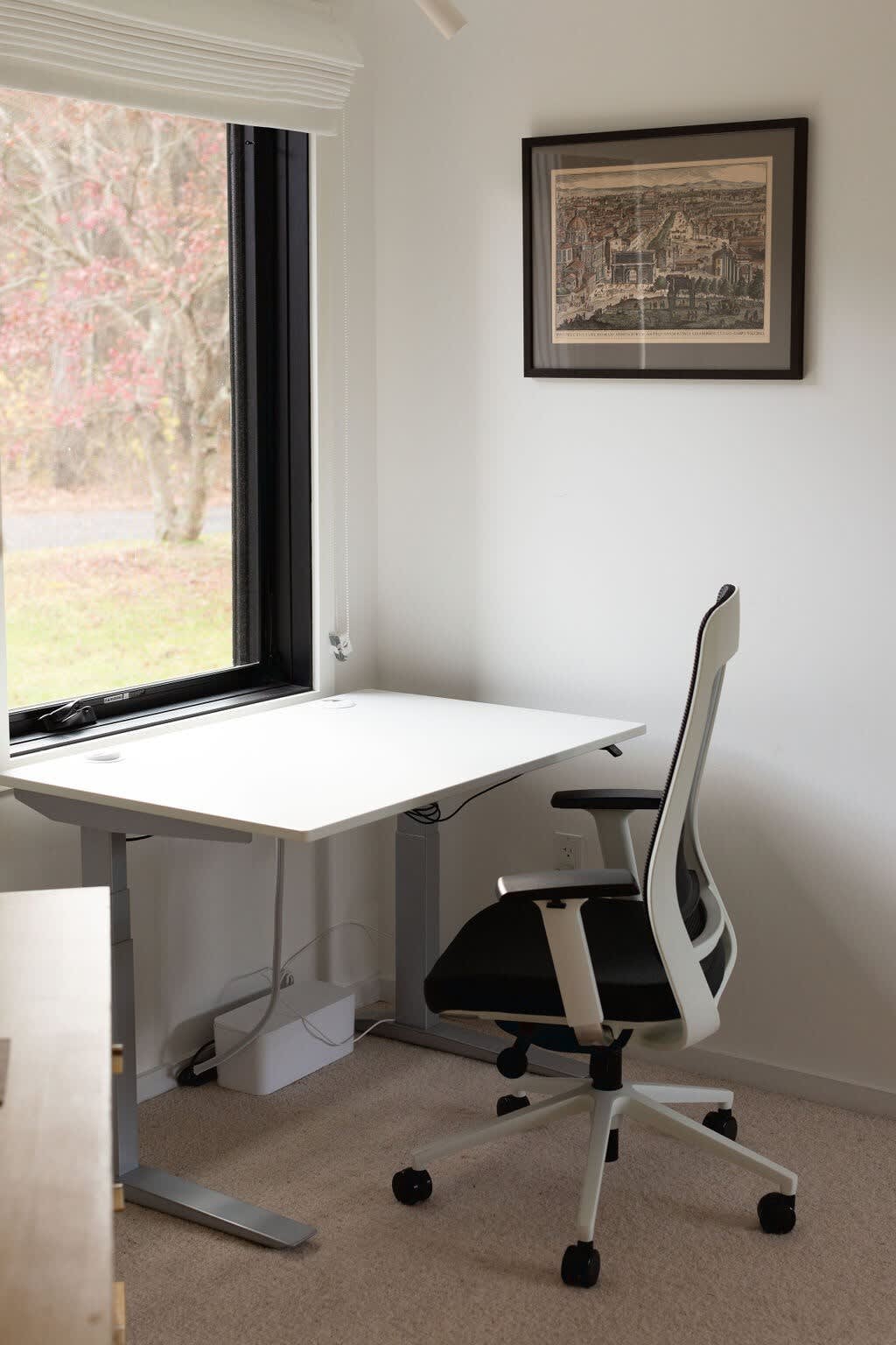 A bright office space with a white adjustable standing desk and a modern black and white ergonomic office chair. A large window overlooks a natural outdoor scene, and a framed cityscape print hangs on the wall.