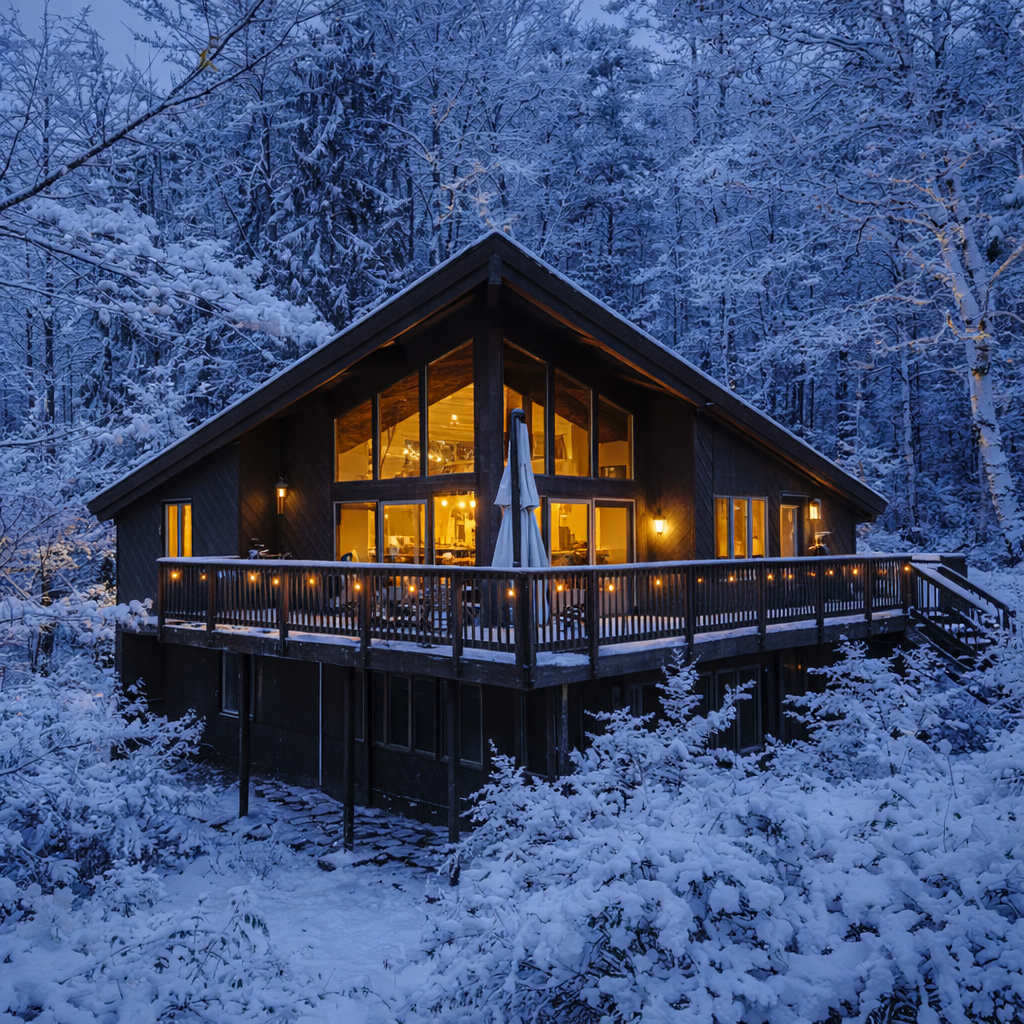 A striking A-frame house with large windows and a dark exterior is beautifully illuminated at dusk, surrounded by snow-covered trees and ground. A spacious deck with string lights wraps around the front, offering a cozy winter ambiance.