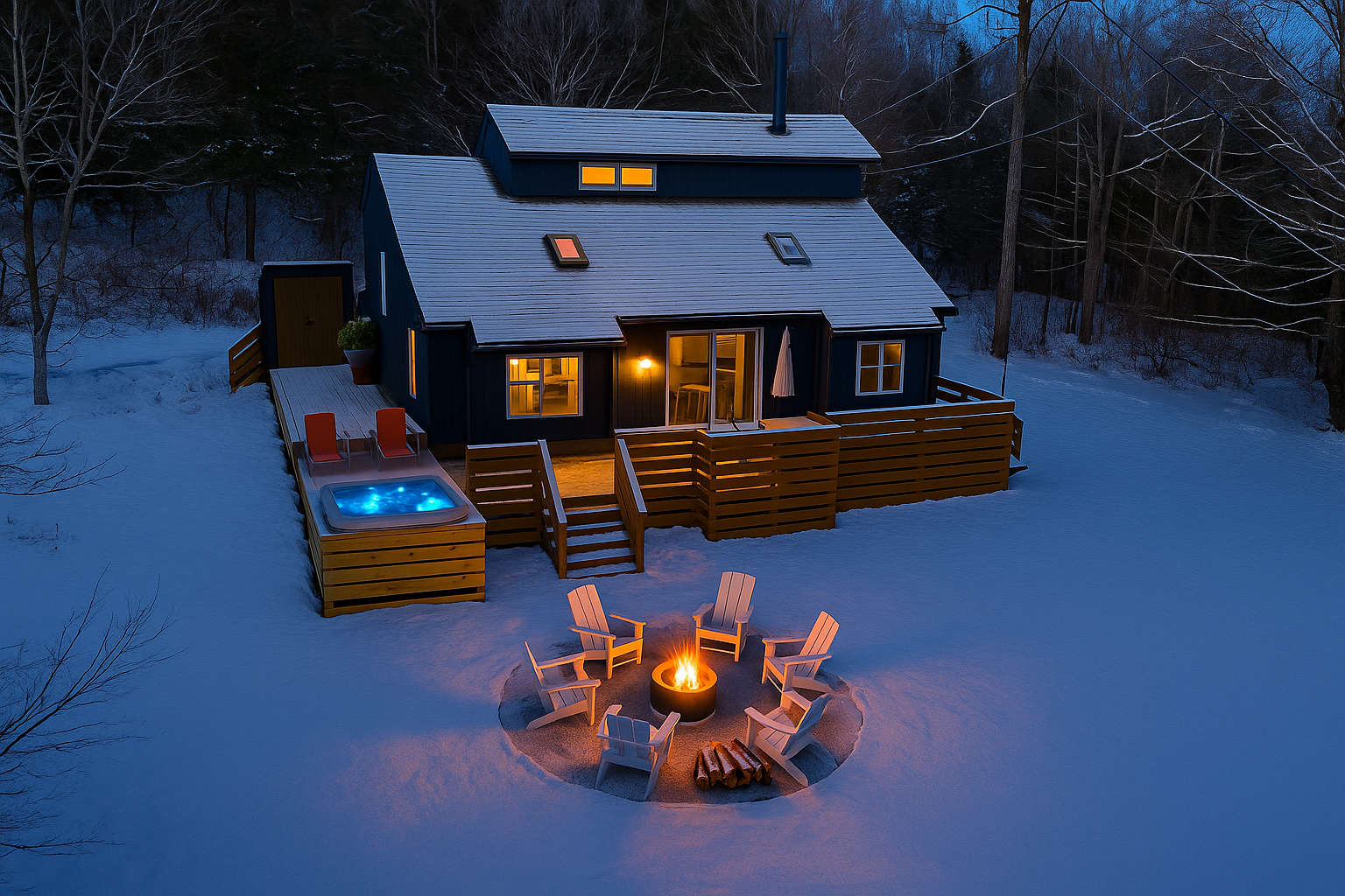 An aerial view of a modern dark-sided house with a snow-covered roof and yard, featuring a lit hot tub on a wooden deck and a circular fire pit area with Adirondack chairs. The scene is illuminated by house lights and the fire, set against a dark, wooded background.