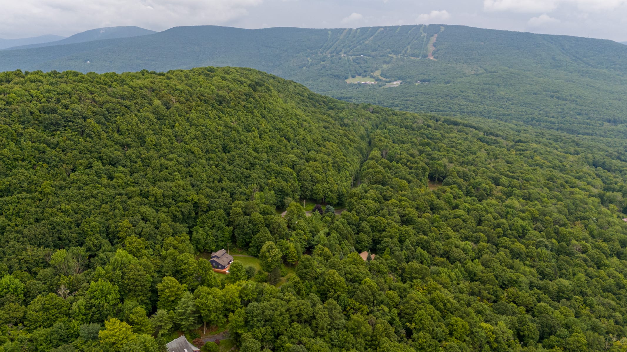 Expansive aerial view of the property nestled within a dense green forest, showcasing the house and its surroundings, with distant mountains and a ski slope visible under a cloudy sky.