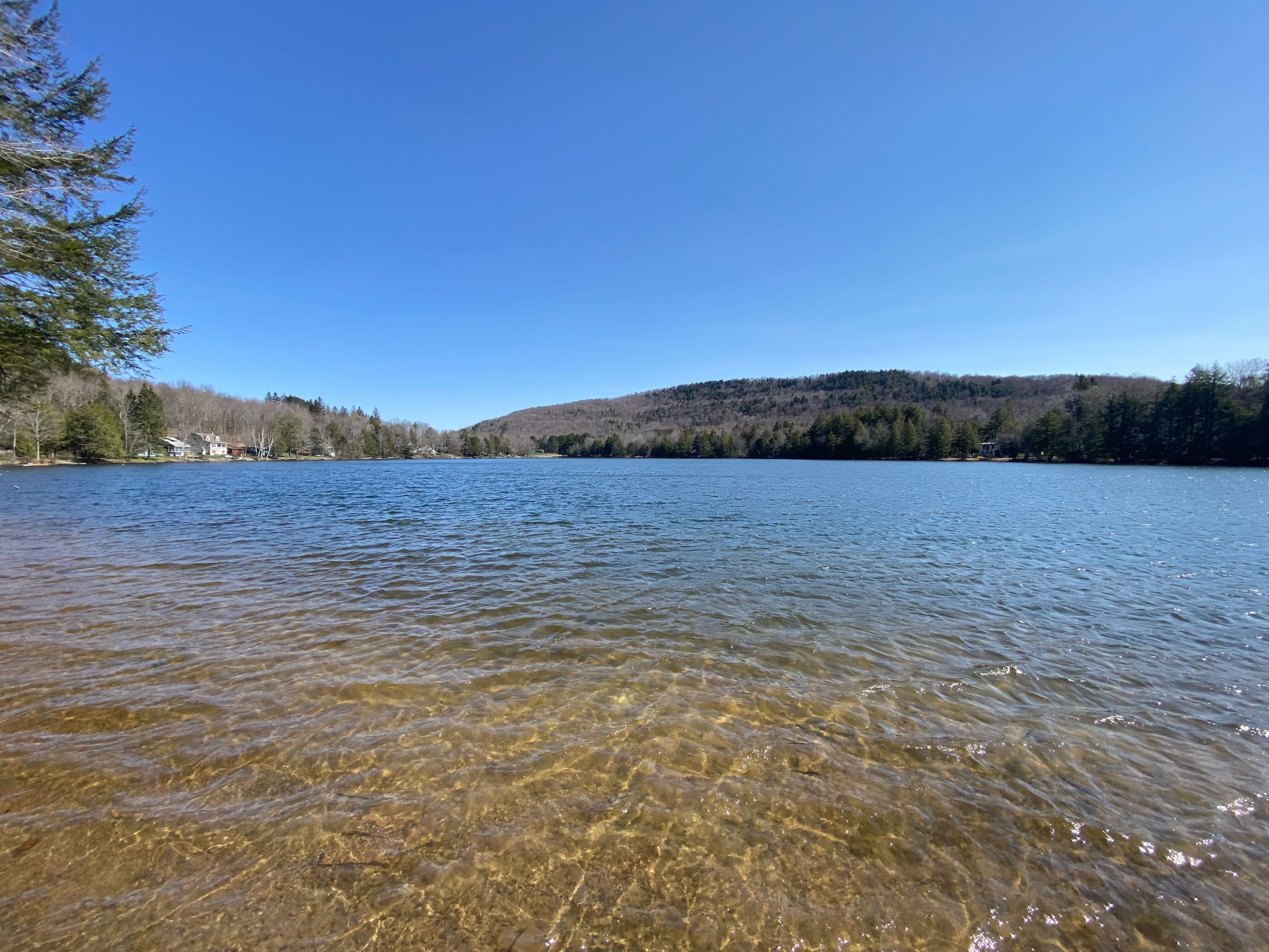A serene lake with clear, shallow water in the foreground, reflecting a bright blue sky with scattered white clouds. Lush green hills covered in trees line the distant shore.