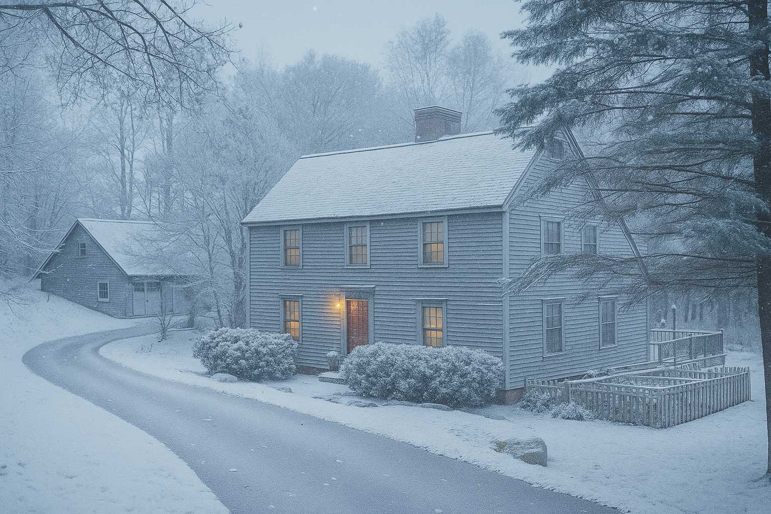 A charming gray clapboard house with a red door, beautifully covered in a fresh blanket of snow, with warm light glowing from its windows. A snowy driveway leads to the house, surrounded by snow-dusted trees and bushes.