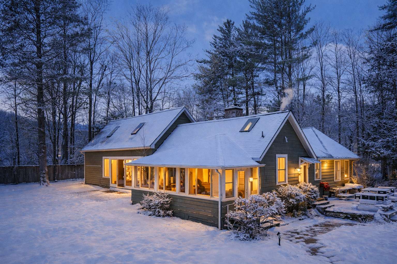 A charming farmhouse, painted in a muted green, is nestled in a snowy landscape at dusk, with warm lights glowing from its windows and skylights. The surrounding bare trees create a serene winter ambiance.