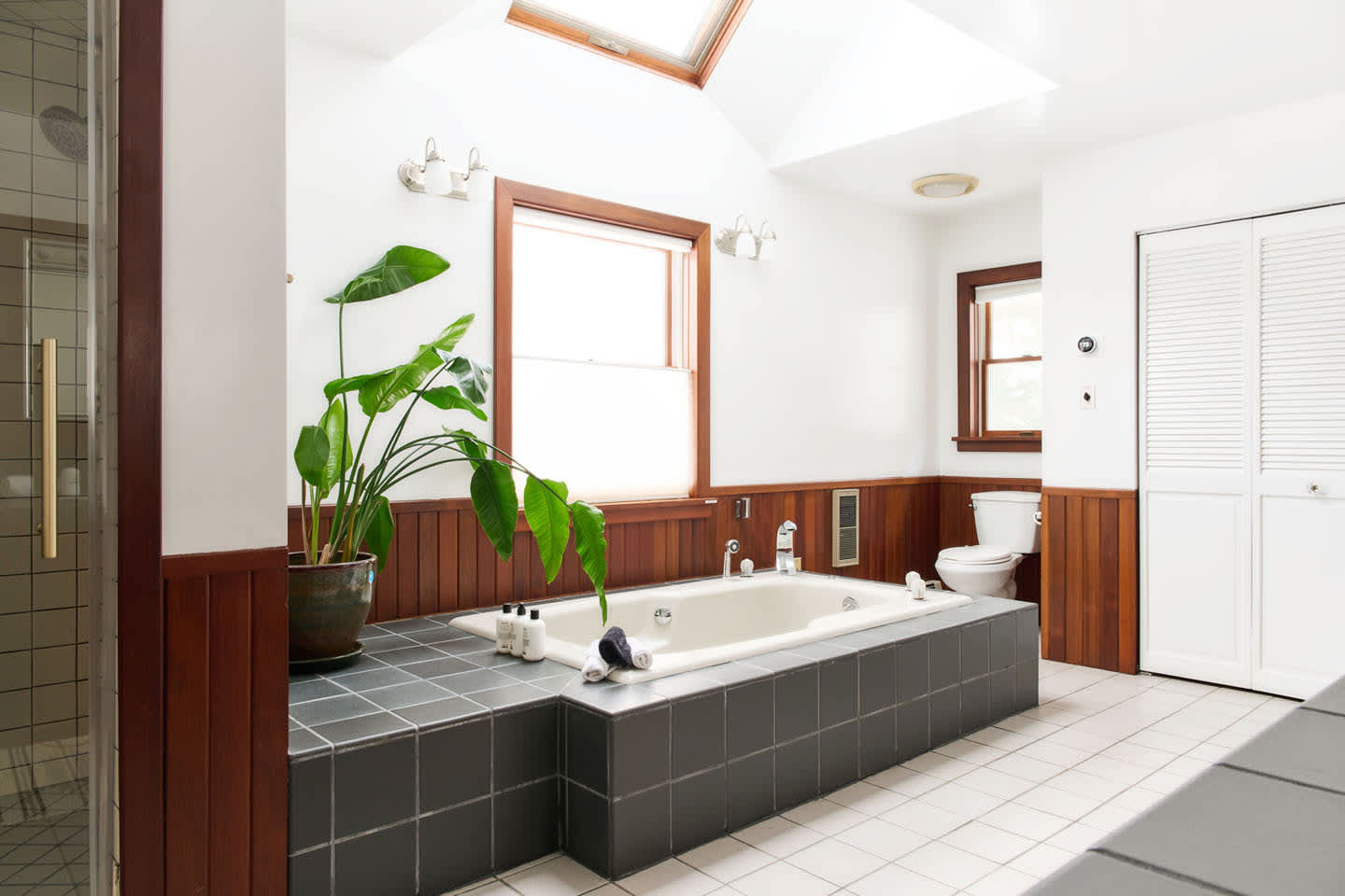 A large, bright bathroom with a jetted tub set into a tiled platform, a glass-enclosed shower, and wood wainscoting. The room features white walls, a skylight, and a large green plant next to the tub.