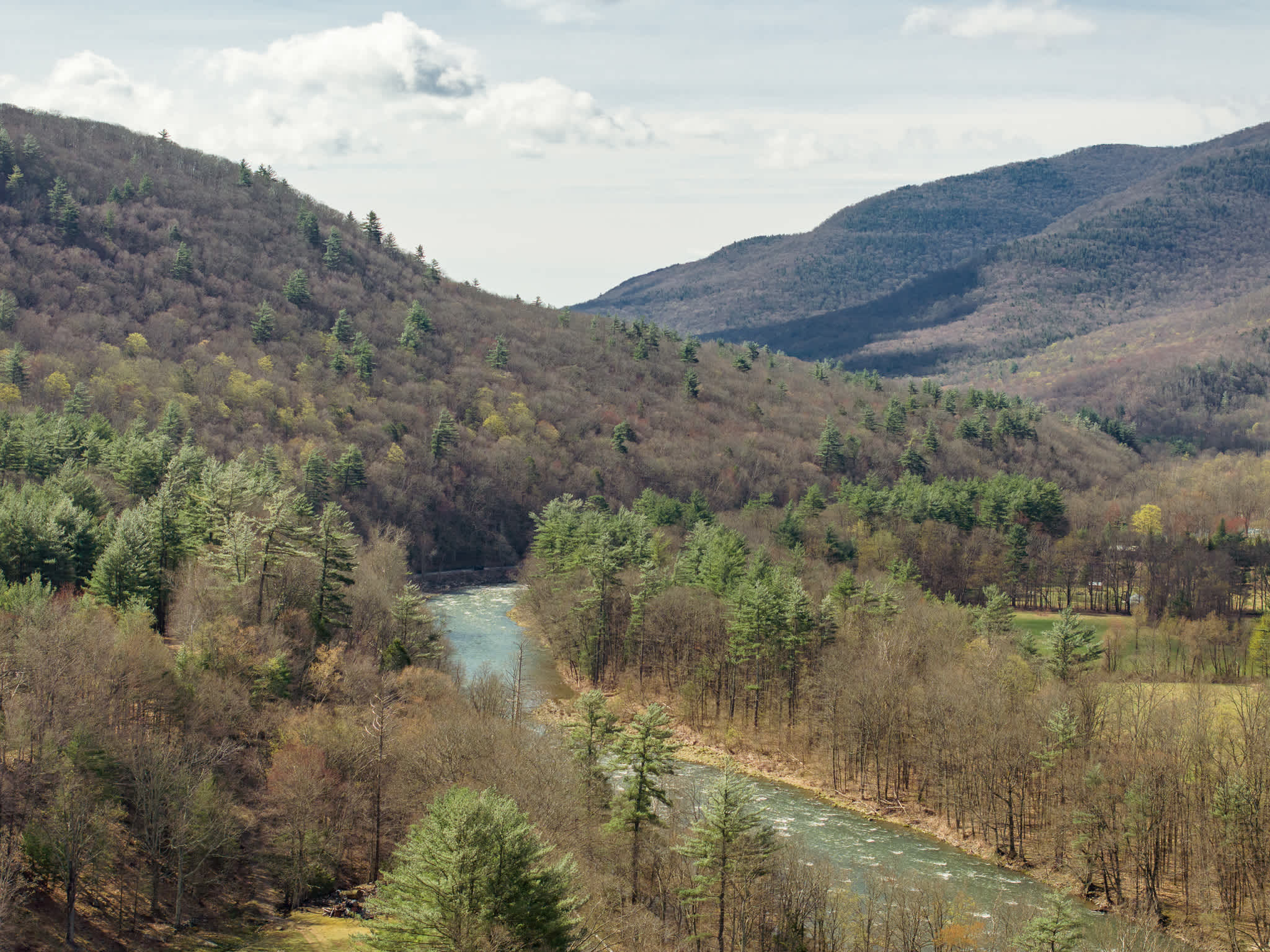 Panoramic landscape showcasing a winding river flowing through a verdant valley, flanked by tree-covered mountains under a partly cloudy sky. The trees display early spring foliage, with evergreens providing contrast.