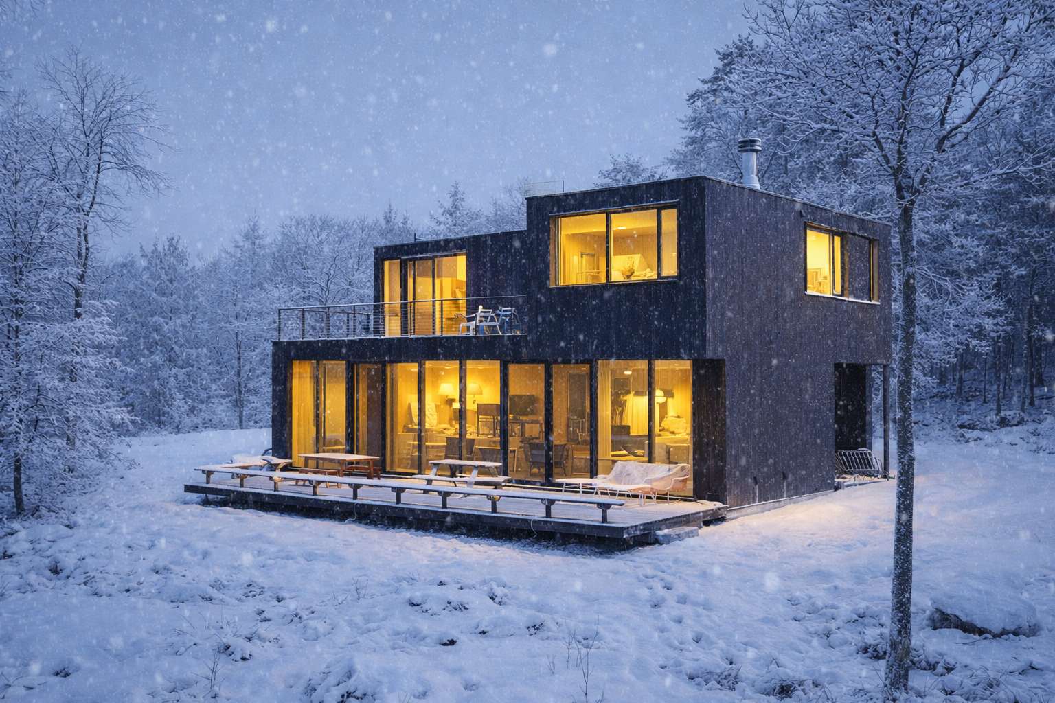 The contemporary dark-paneled house glows warmly from within, contrasting with the pristine white snow covering the ground and surrounding trees. Its expansive windows and a wooden deck are visible, creating a striking winter retreat.