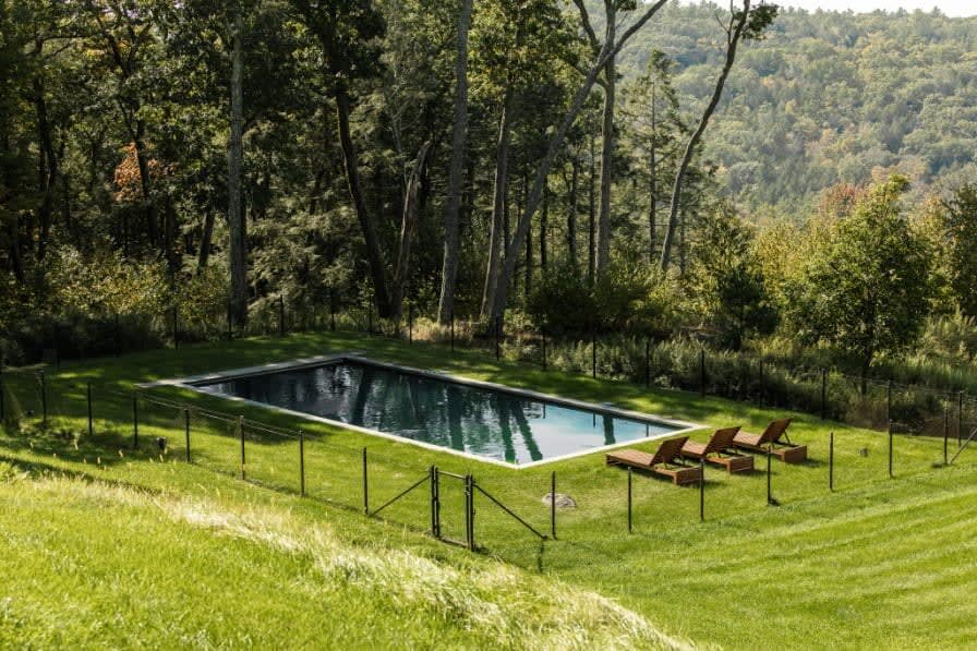 Rectangular swimming pool enclosed by a black fence, situated on a grassy hillside surrounded by dense forest, with lounge chairs beside it.