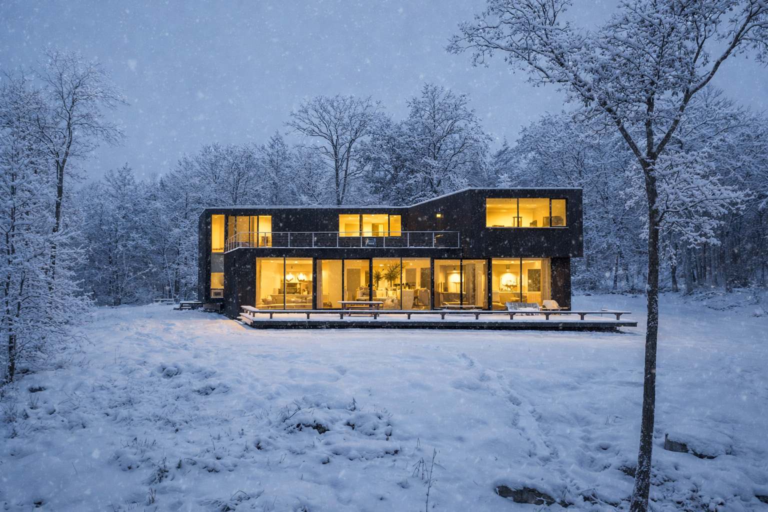 The modern dark-clad house stands illuminated against a snowy winter landscape, with warm lights glowing from its large windows. Snow blankets the ground and surrounding bare trees, creating a cozy, inviting atmosphere.