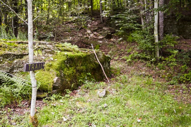 A rustic "TRAIL" sign is attached to a slender tree, marking the entrance to a wooded path with moss-covered rocks and dense green foliage.