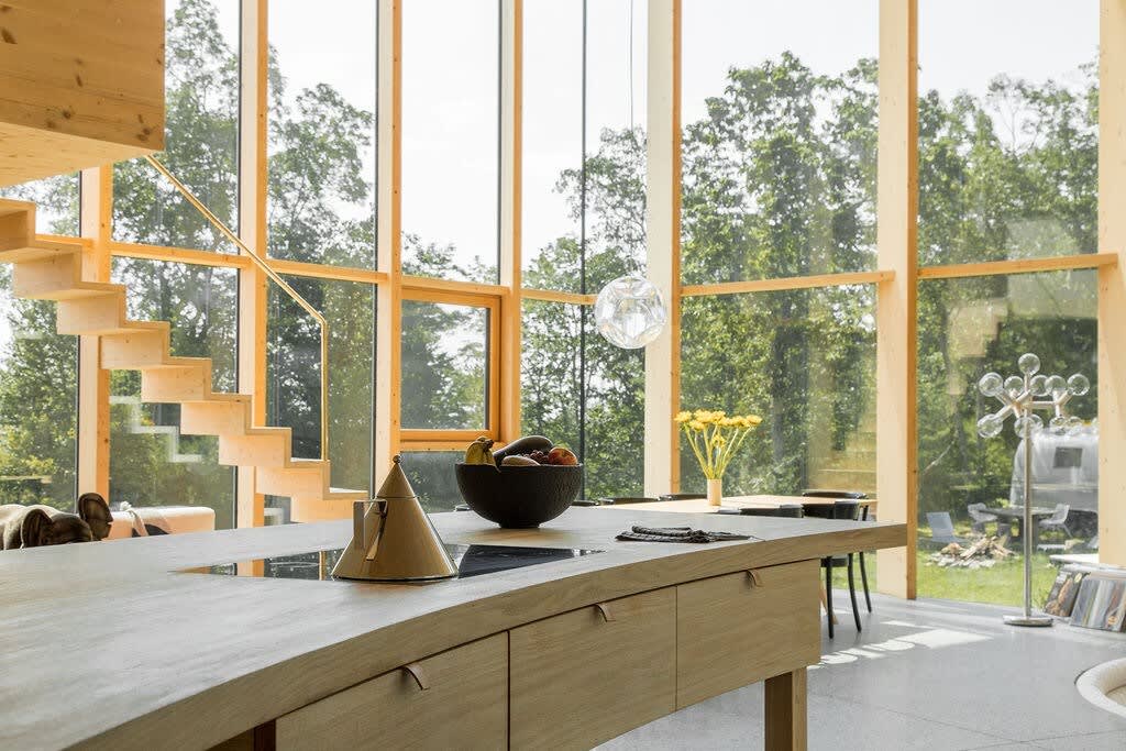 Close-up of the modern kitchen island with a wooden countertop and integrated cooktop, featuring a fruit bowl and a unique golden conical object. The dining table with black chairs and large windows overlooking trees is visible in the background.