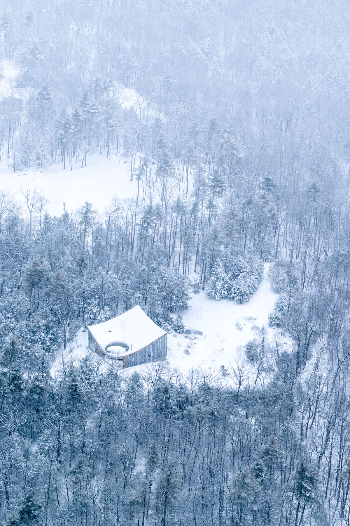 An aerial view of the modern, curved-roof house nestled amidst a dense, snow-covered forest under a soft, overcast sky, highlighting its unique architectural form and integration with the winter landscape.