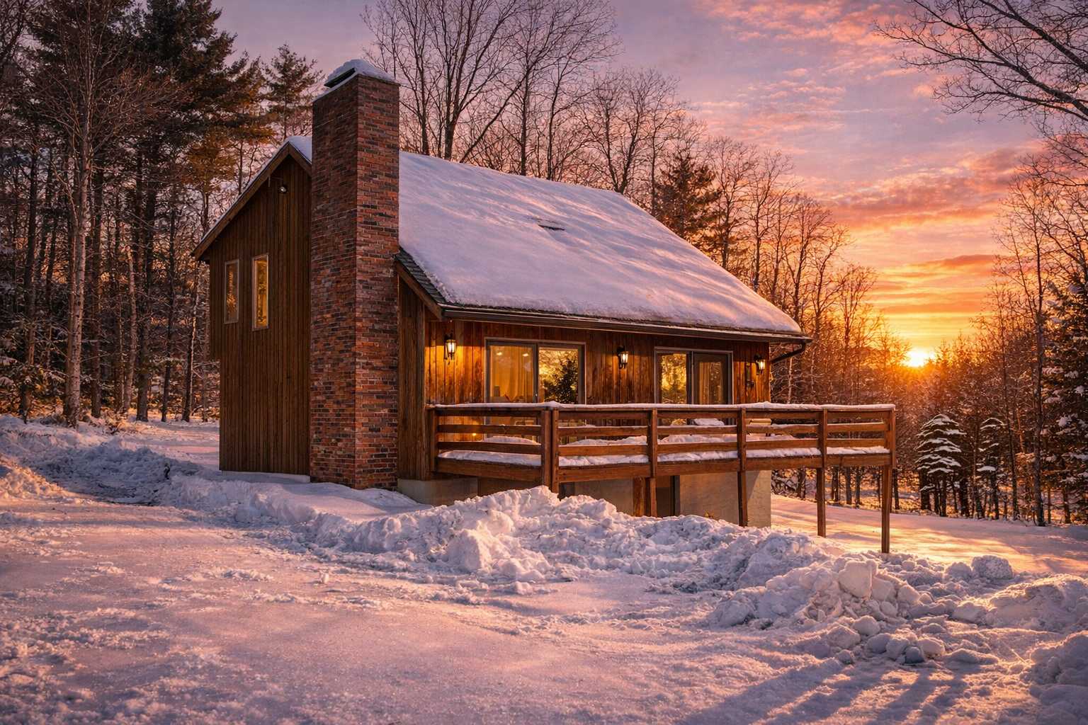 A picturesque wooden cabin with a brick chimney and a snow-covered roof, bathed in the warm glow of a winter sunset. A wooden deck with railings extends from the front, overlooking a snowy landscape and bare trees.