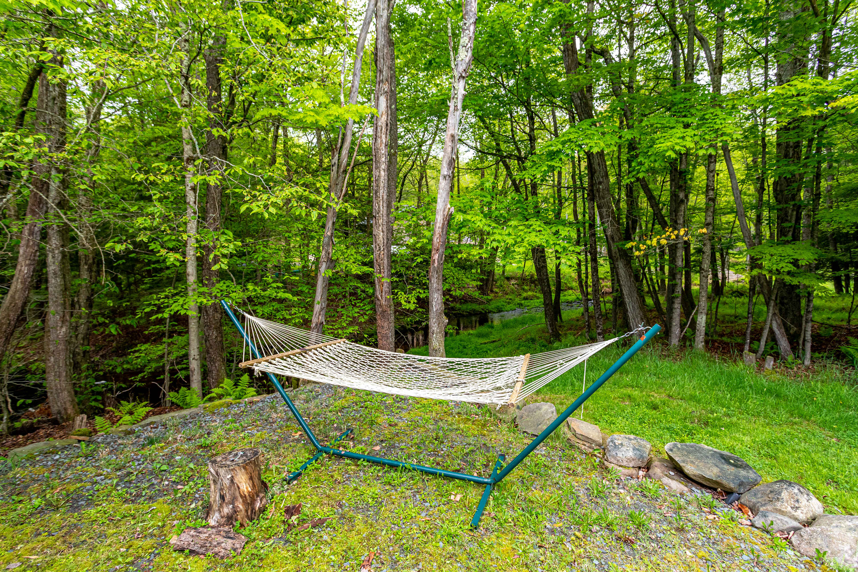 A white woven hammock with a metal stand is set up on a grassy slope in a dense forest, surrounded by tall trees and natural rock landscaping.
