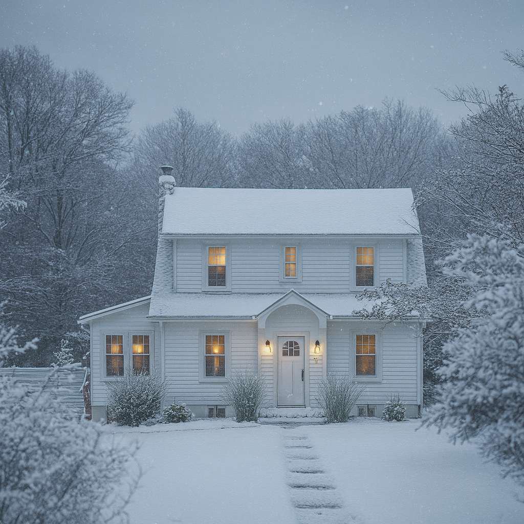 A charming white two-story house with a gabled roof and multiple windows is blanketed in snow, with warm lights glowing from inside and a stone path leading to the front door.