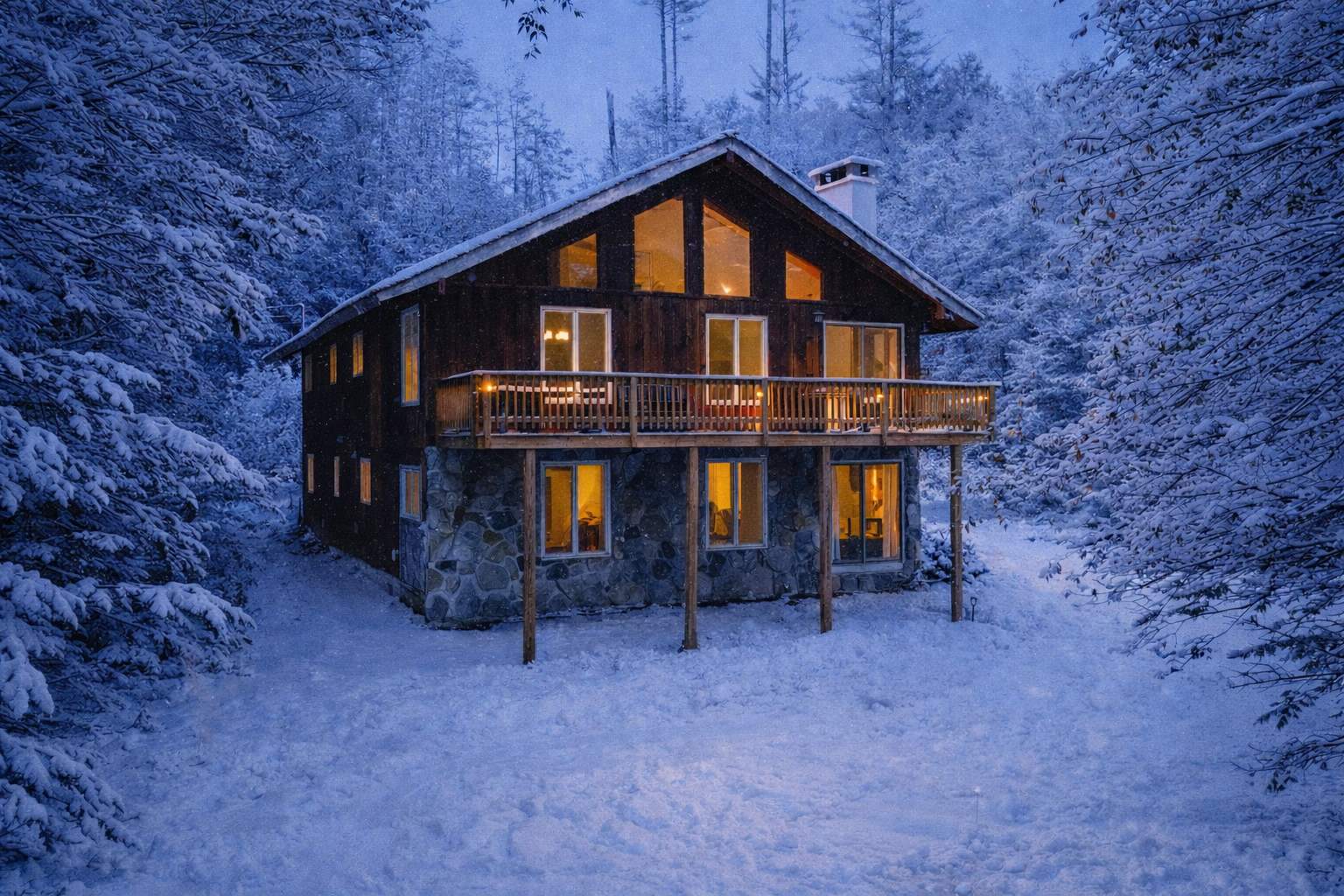 Chalet-style house with dark wood and stone siding, a wooden balcony, and illuminated windows, surrounded by snow-covered trees and ground during a winter evening.