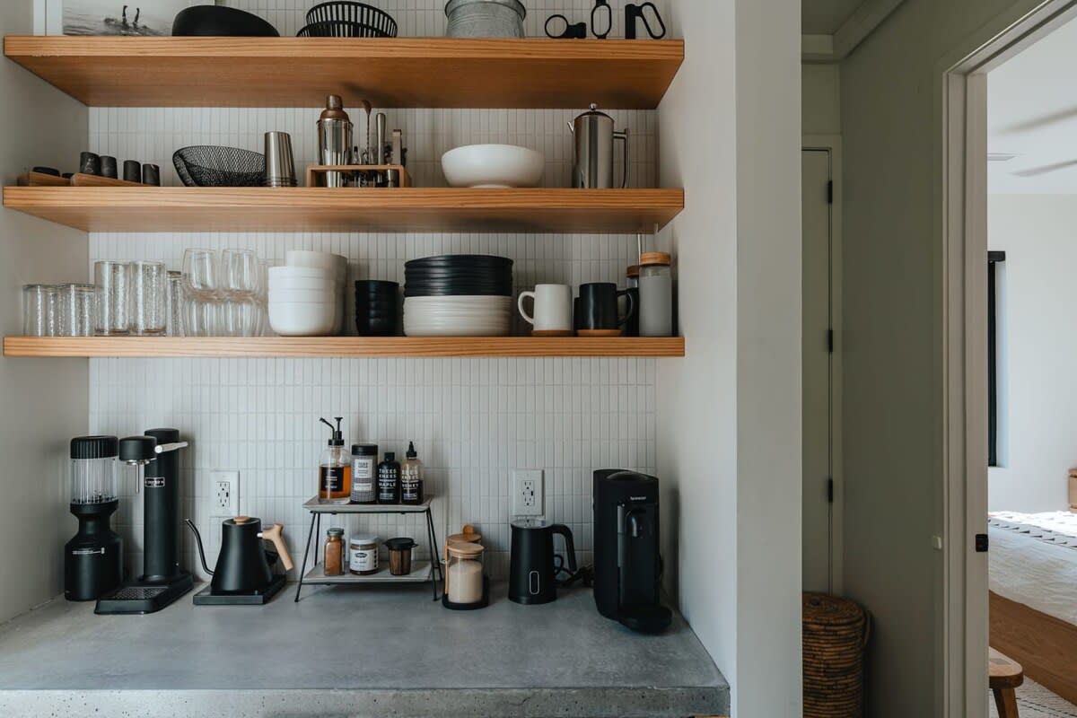 A well-organized kitchen area featuring open wooden shelves stocked with dishes, glasses, and coffee-making essentials, set against a white subway tile backsplash and concrete countertop.