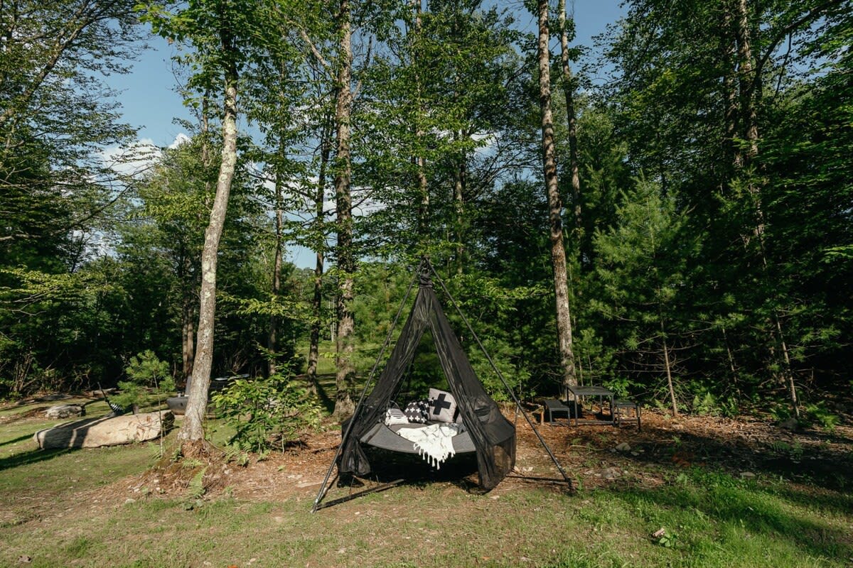 Unique outdoor hanging tent bed with a black mesh enclosure, suspended between trees in a lush green forest, offering a serene spot for relaxation.