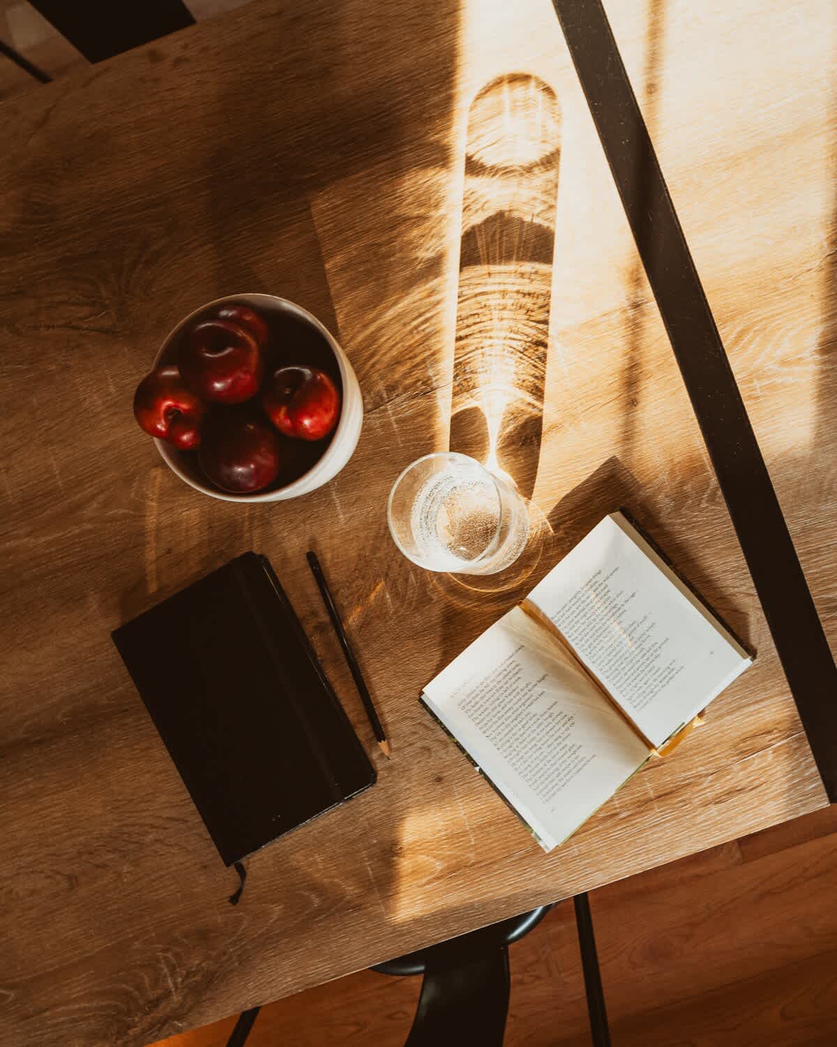 Overhead view of a wooden table bathed in warm sunlight, featuring a bowl of red plums, a glass of water, an open book, and a black notebook with a pencil.