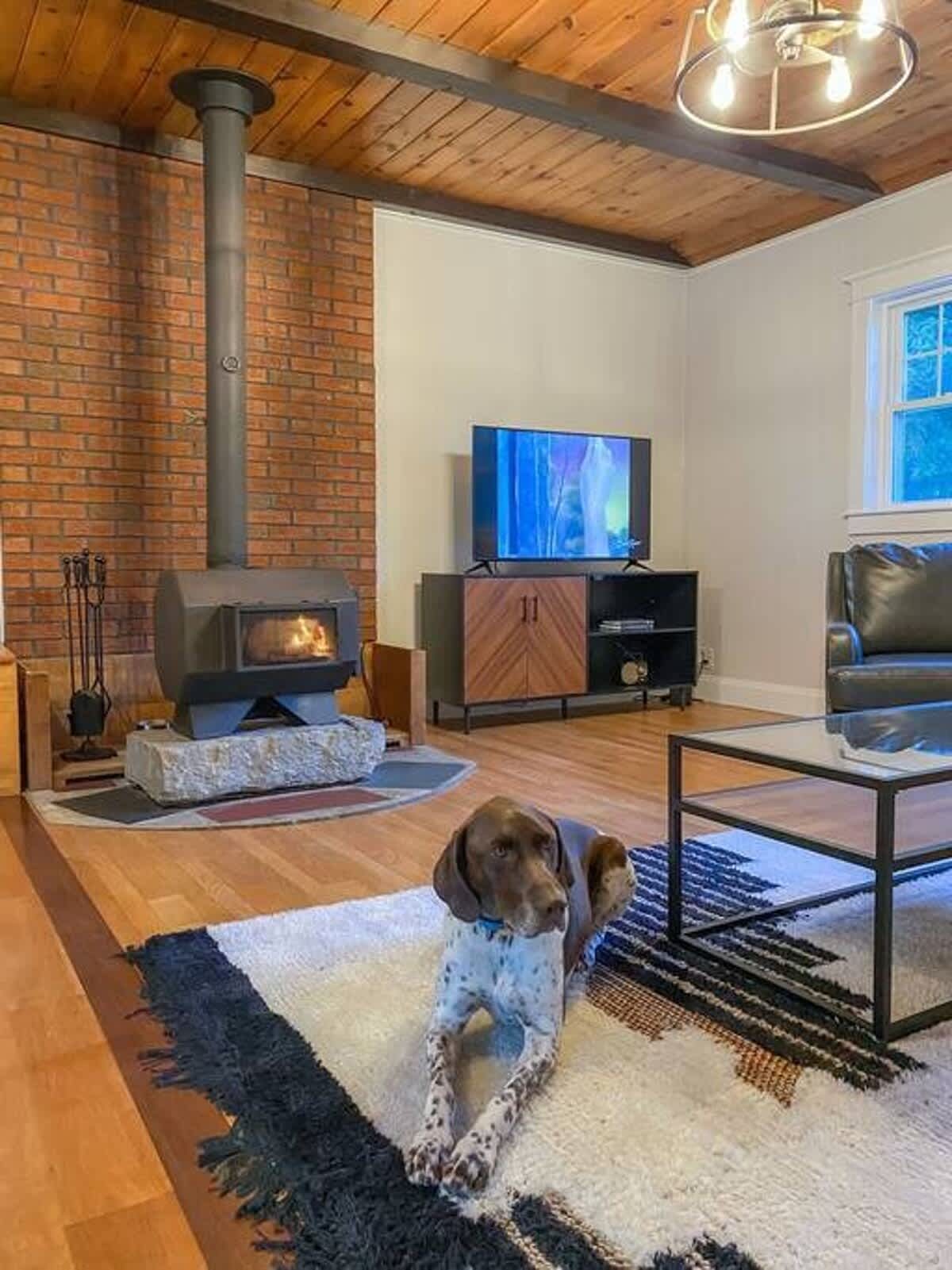Inviting living room with a wood-burning stove, a flat-screen TV, and a tan leather sofa. A spotted dog rests on a patterned area rug, adding a homey touch to the space.