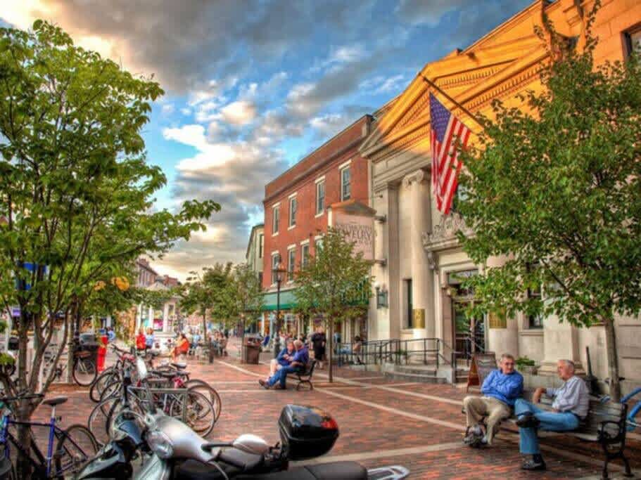 A vibrant street scene with people sitting on benches and walking along a brick sidewalk lined with shops and mature trees. An American flag hangs from a grand building, and bicycles are parked along the curb.
