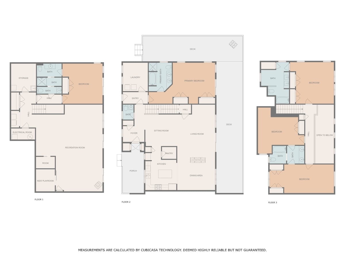 A comprehensive floor plan displaying three levels of a house, including various rooms like bedrooms, bathrooms, living areas, kitchen, and a recreation room, with measurements indicated.