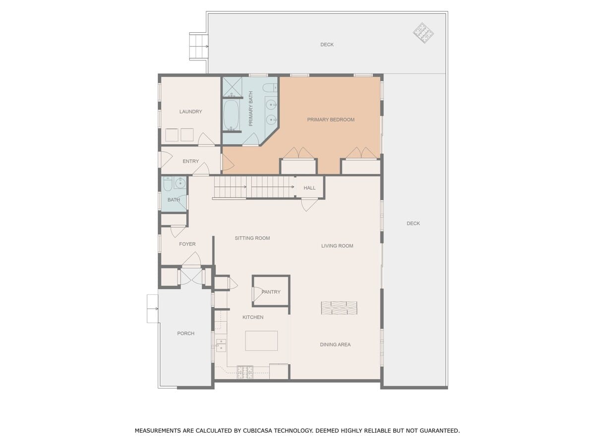 A detailed floor plan for the second level, featuring a primary bedroom with an en-suite bath, laundry room, entry, foyer, sitting room, kitchen, dining area, and a large deck.