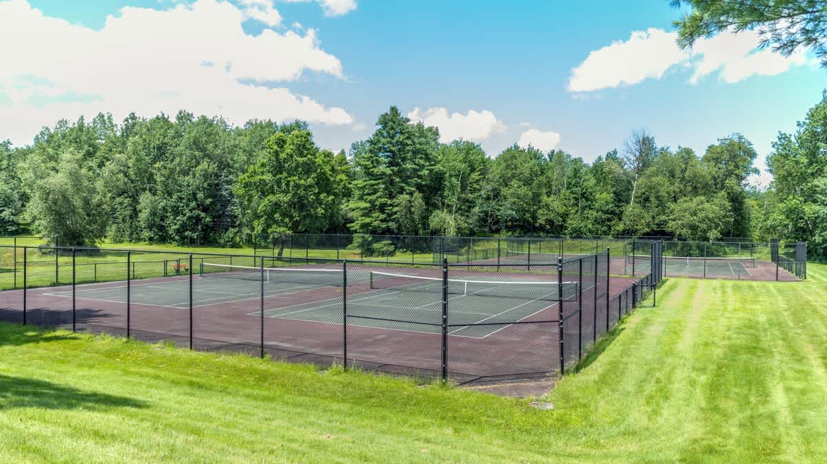 Two fenced outdoor tennis courts with green surfaces and white nets, set within a large grassy area surrounded by dense green trees under a bright blue sky.
