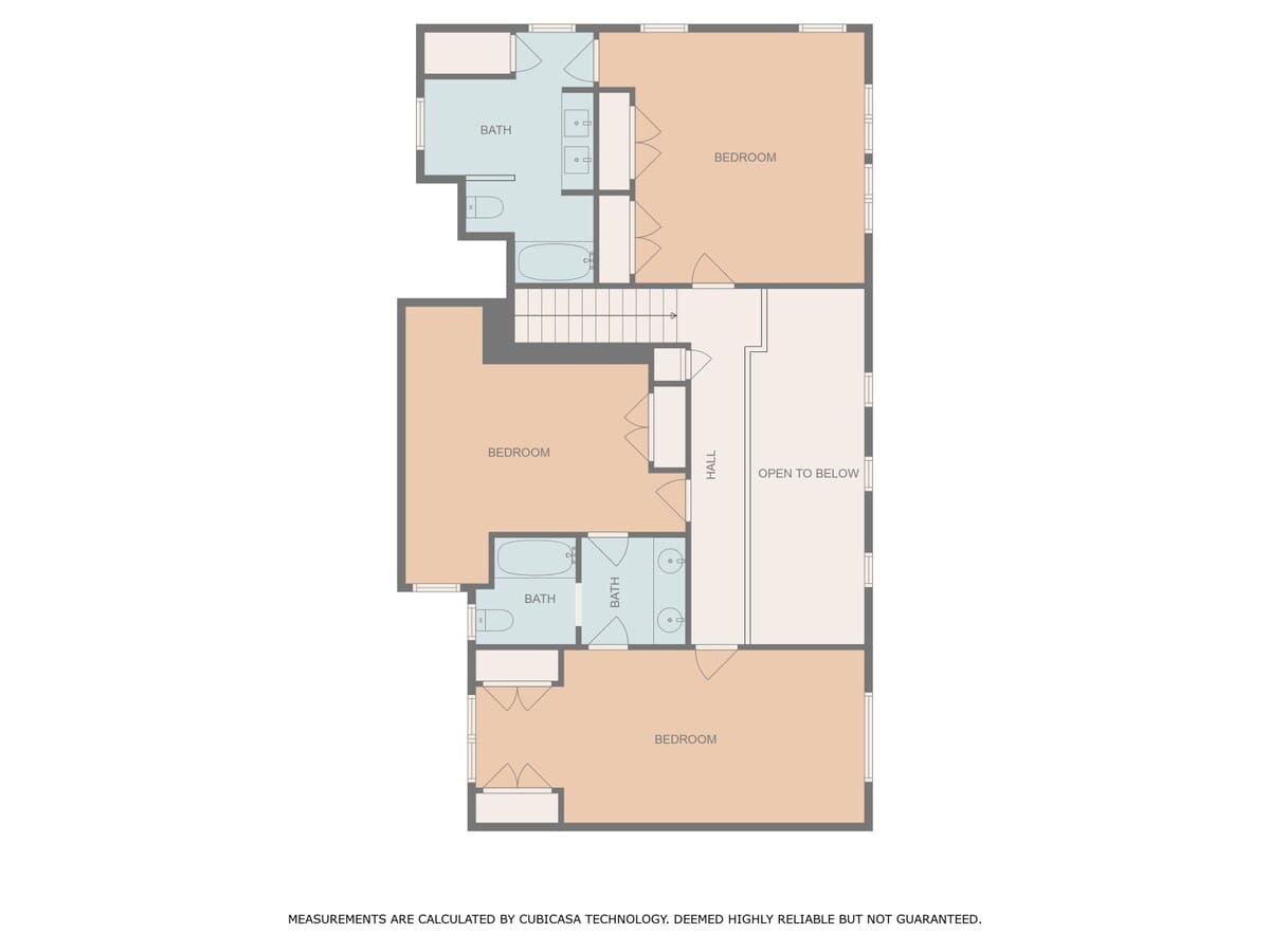 A floor plan for the third level, showing three bedrooms, two bathrooms, a hall, and an 'open to below' area, indicating a multi-story layout with stairs.