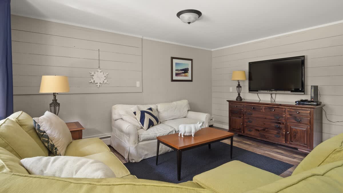 Cozy living room featuring light gray shiplap walls, a cream-colored sofa with throw pillows, a dark wood media console with a flat-screen TV, and a light green sectional sofa.
