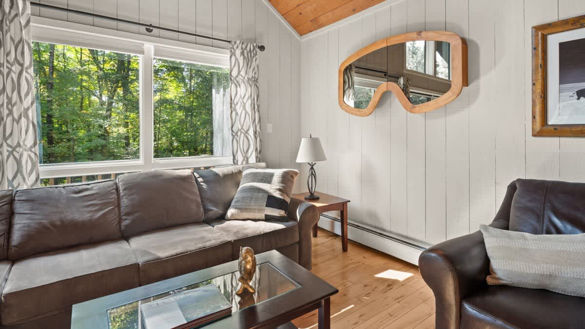 Cozy living room with a brown sofa, glass-top coffee table, and large window overlooking lush green trees. The room features light wood paneling, a vaulted wood ceiling, and a unique ski goggle-shaped mirror on the wall.