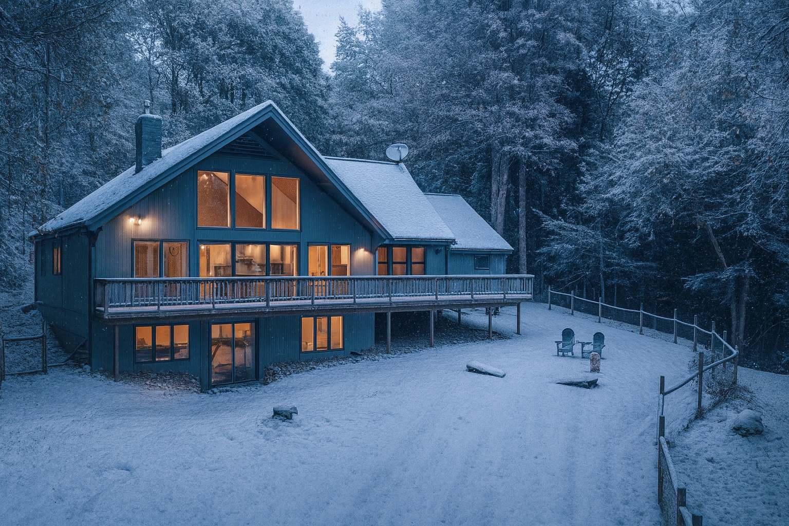 Aerial view of the chalet-style house with a dark blue-green exterior, large windows, and a wooden deck, covered in a fresh blanket of snow, surrounded by snow-dusted trees under a soft, overcast sky.