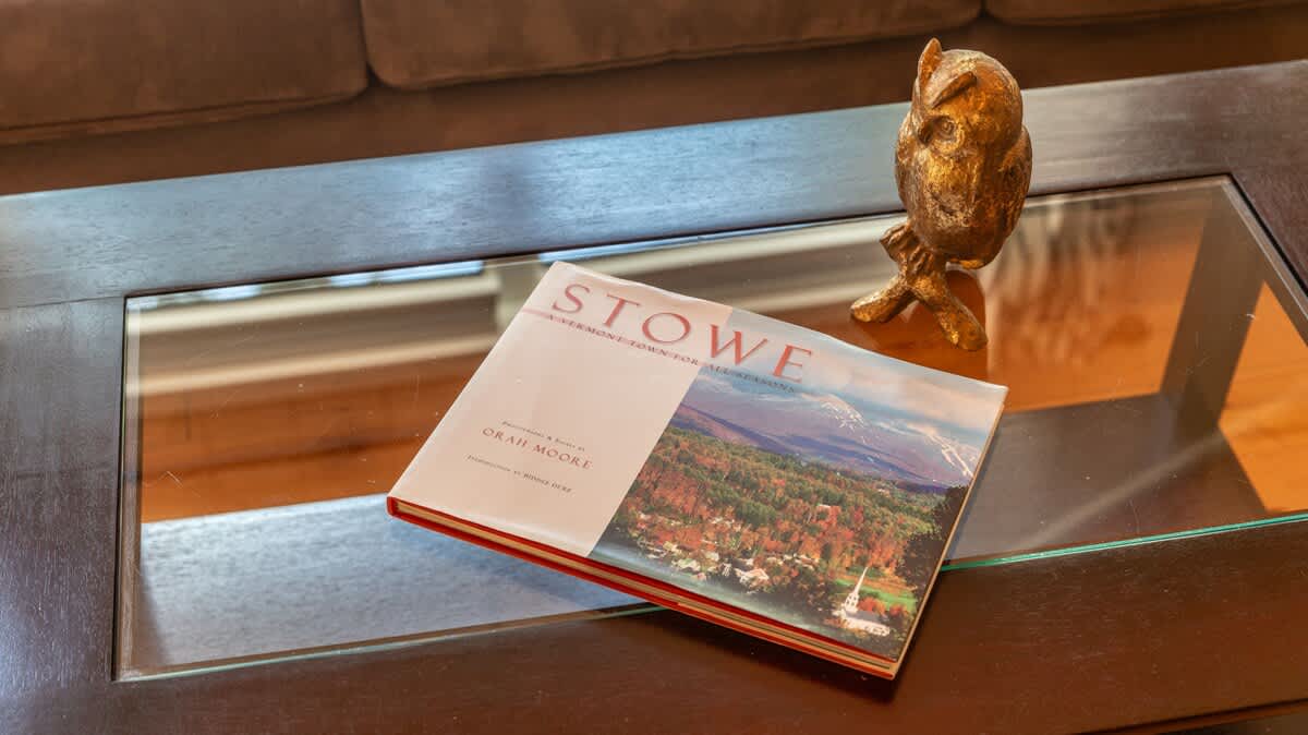 Close-up view of a dark wood coffee table with a glass top, featuring a book titled "STOWE" and a golden owl figurine. This detail highlights the local theme and decor of the living space.