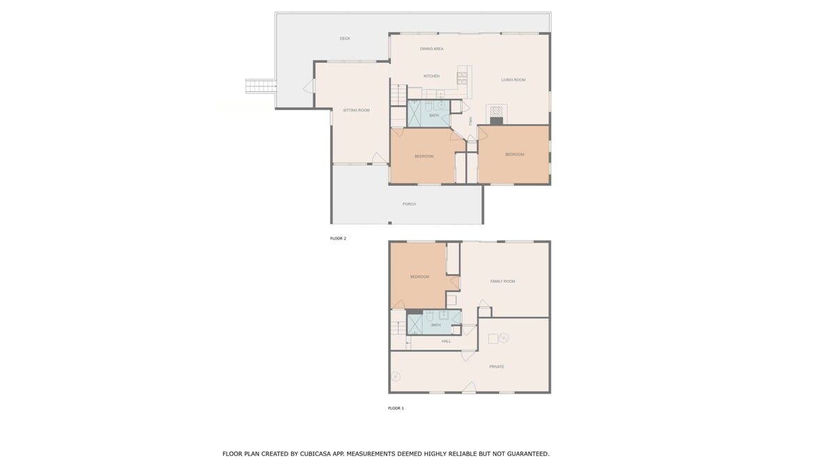 Overhead floor plan illustrating two levels of the house, showing the layout of bedrooms, bathrooms, kitchen, living room, dining area, sitting room, family room, and outdoor deck/porch spaces.