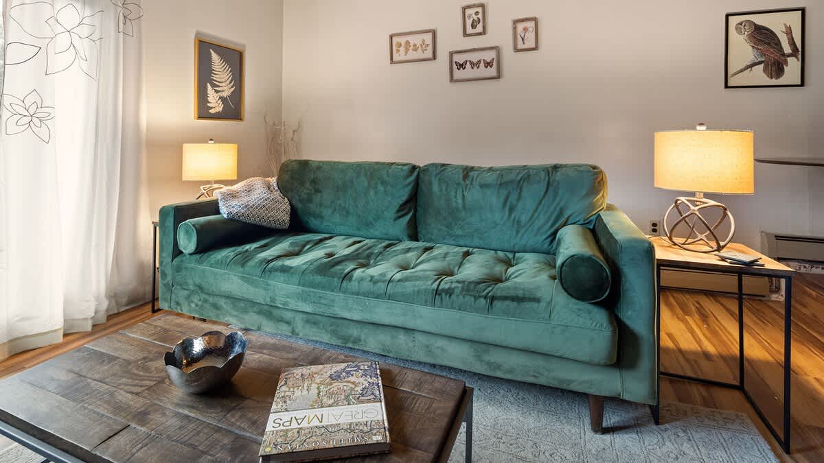 A cozy living room with a large tufted green velvet sofa, a rustic wooden coffee table with a decorative bowl and book, and two table lamps providing warm light. Artwork adorns the light-colored wall.