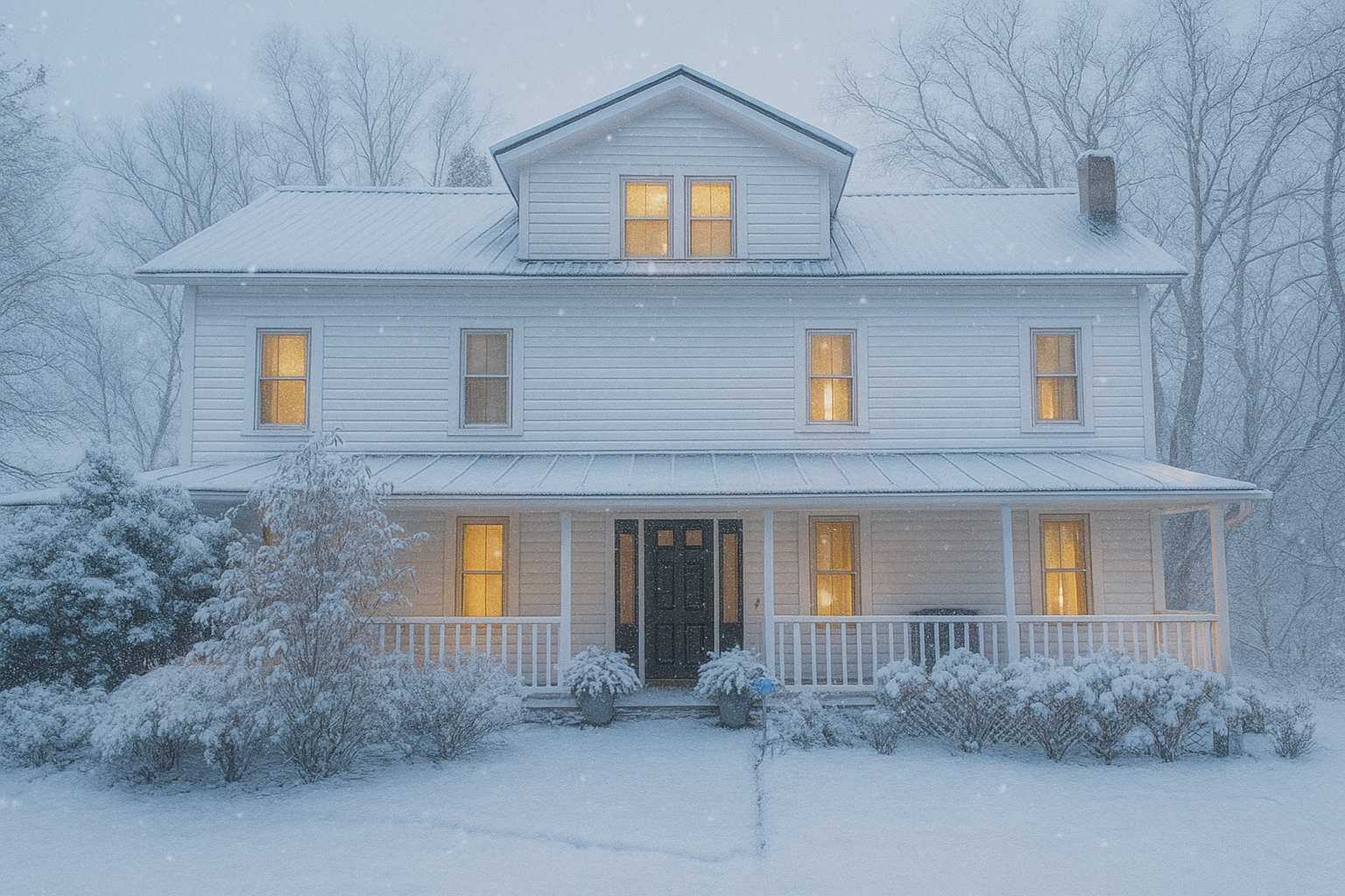 A charming white farmhouse with a dark metal roof is covered in snow during a winter snowfall, with warm lights glowing from its many windows and a welcoming front porch.