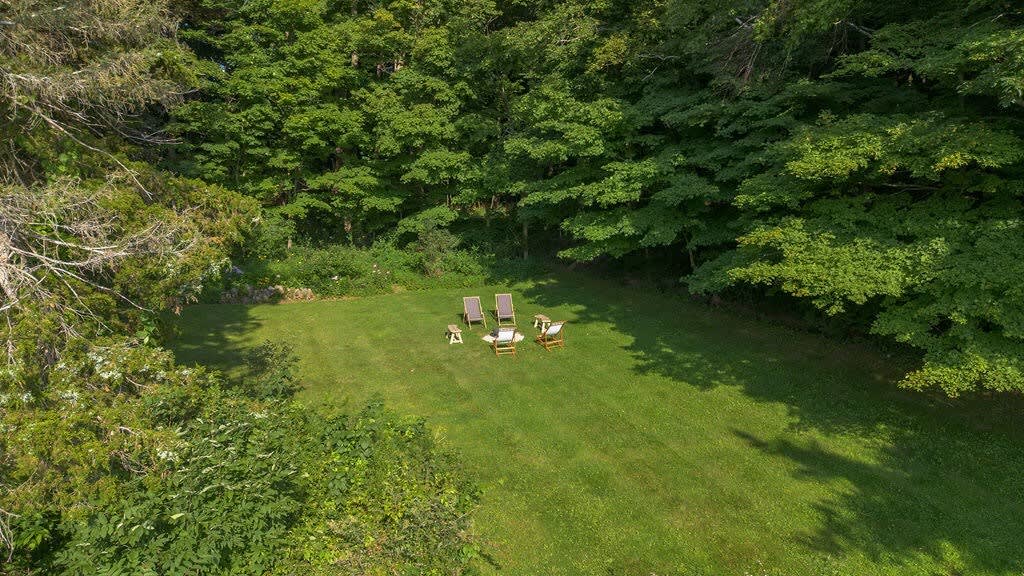 Aerial view of a spacious, well-maintained green lawn surrounded by lush trees, featuring several lounge chairs and a small table. The expansive yard offers ample space for outdoor activities and relaxation.