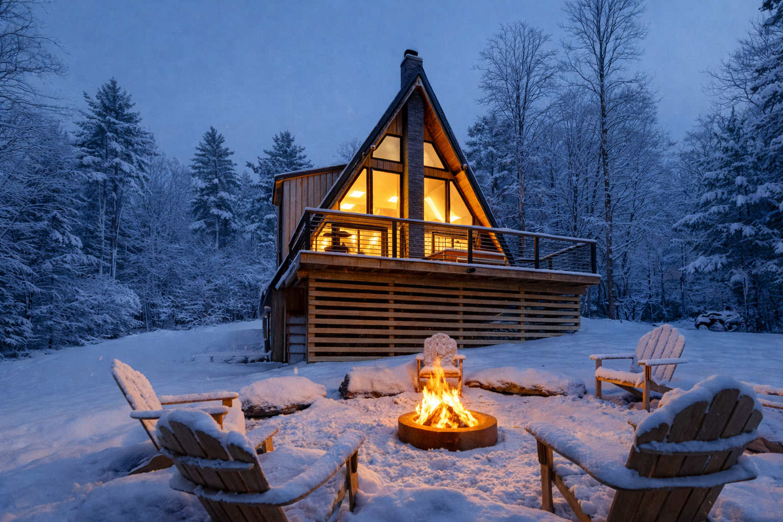 A magical winter night scene shows the illuminated A-frame house covered in snow, with a glowing fire pit surrounded by snow-dusted Adirondack chairs, set against a backdrop of snow-laden trees.