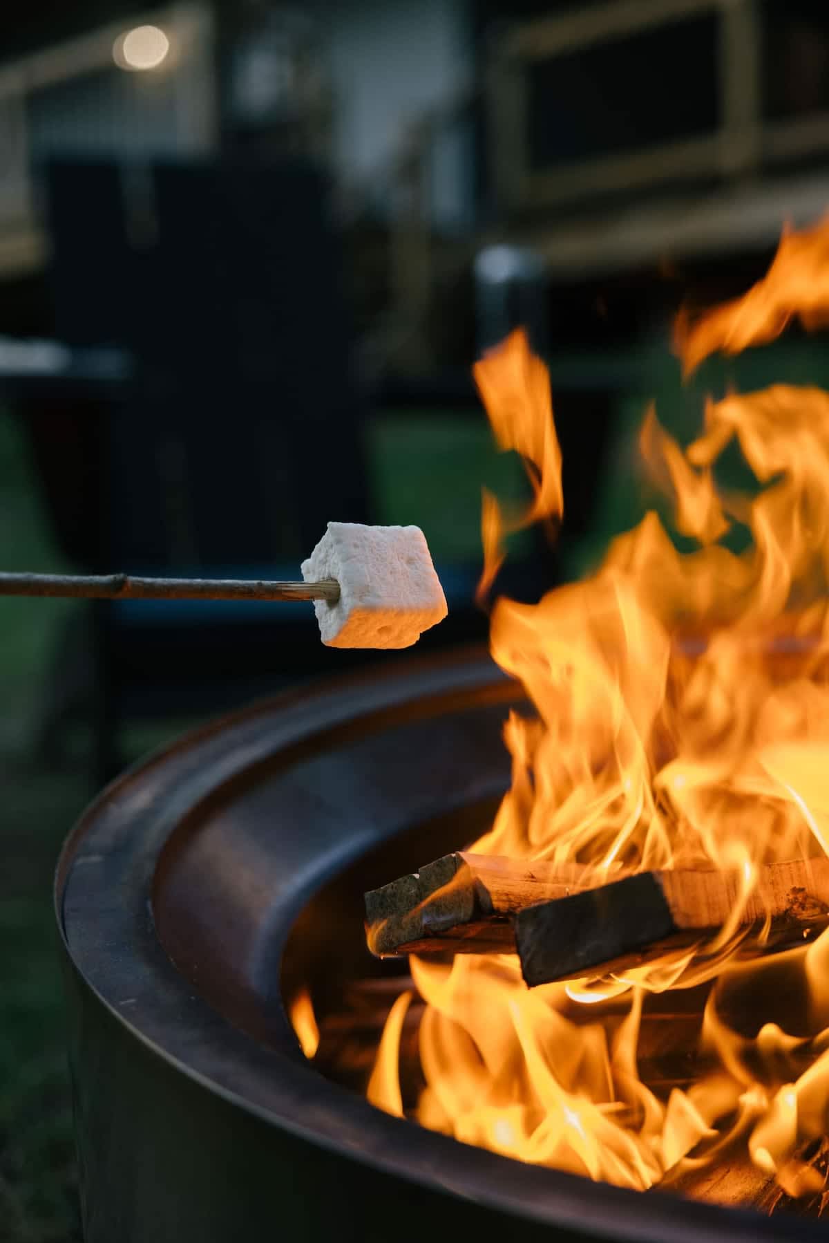 A close-up shot captures a marshmallow toasting on a stick over a vibrant, crackling fire pit, with flames dancing around logs. The warm glow suggests a cozy evening outdoor activity.