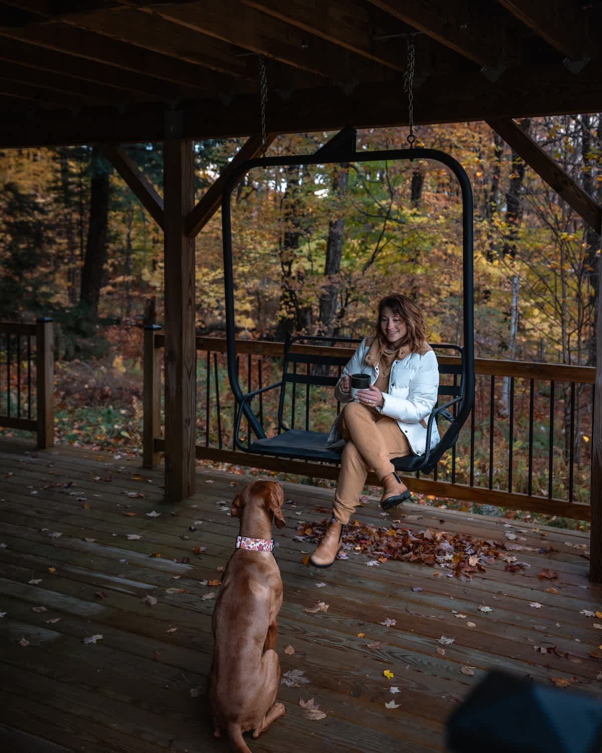 A woman sits on a modern black swing chair on a wooden deck, holding a mug, with a Vizsla dog looking up at her. The deck is surrounded by autumn trees with colorful foliage.