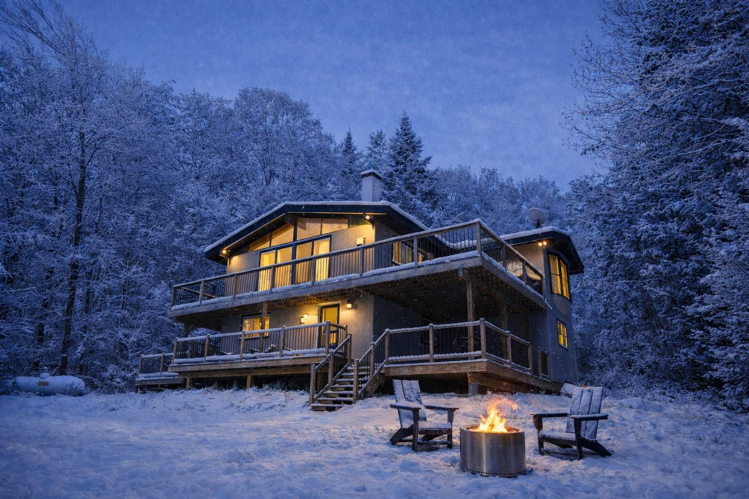 The modern chalet is covered in snow at dusk, with warm lights glowing from inside and a fire pit surrounded by Adirondack chairs in the snowy foreground. The surrounding forest is also snow-covered.