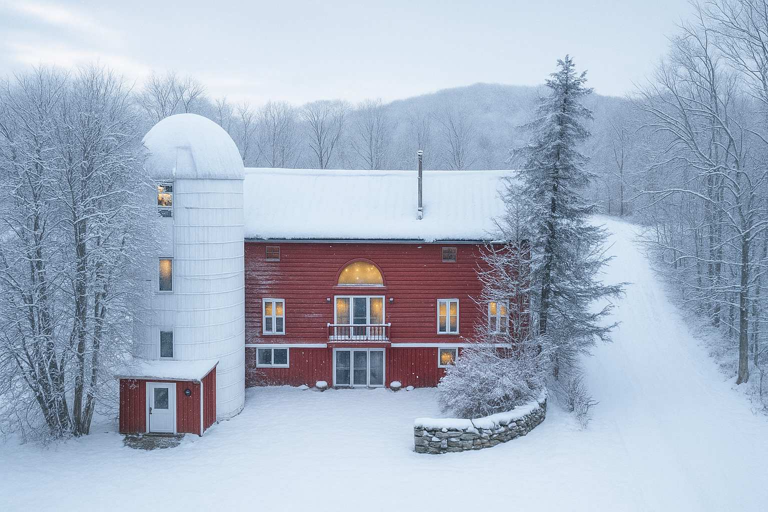 A picturesque winter scene of a red barn-style house with a white silo, both covered in fresh snow, nestled among snow-laden trees and a winding snowy path under a soft, overcast sky.