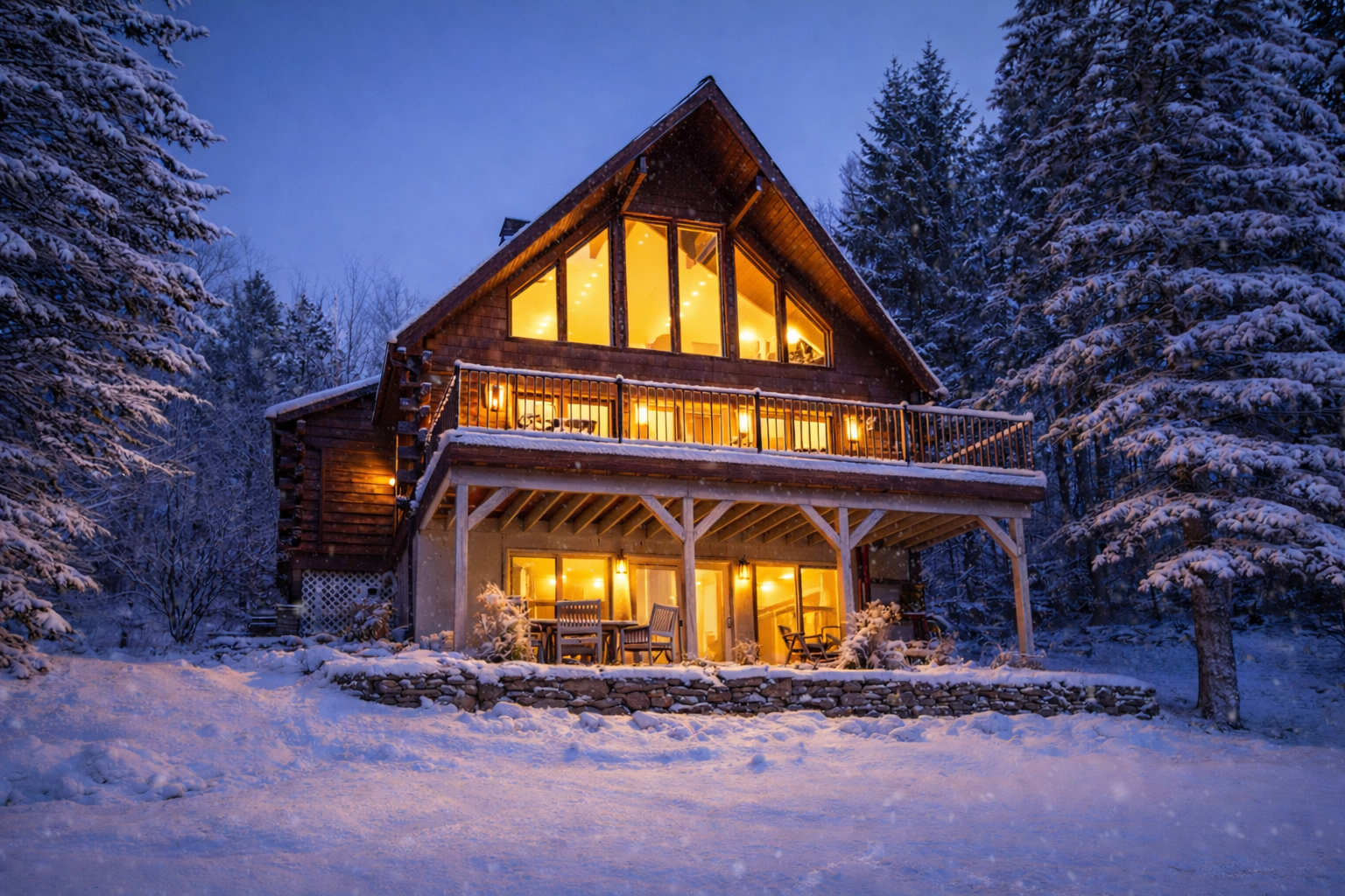 A-frame cabin with large illuminated windows and a wrap-around deck, nestled in a snow-covered forest under a twilight sky, showcasing a winter wonderland setting.