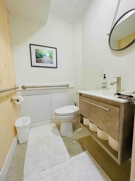 A white toilet is positioned next to a light wood paneled wall with grab bars, opposite a modern vanity with a rectangular sink and a dark wood cabinet. A round mirror hangs above the sink, and a white trash can sits beside the toilet.