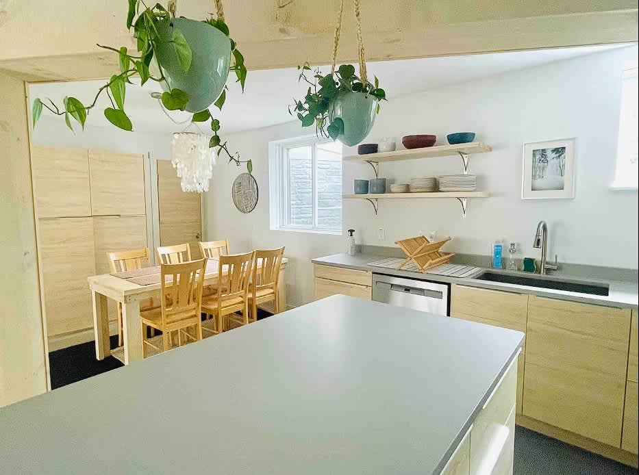 Bright open-concept kitchen and dining area with light wood cabinetry and light gray countertops. A wooden dining table with chairs is visible on the left, while the kitchen island and appliances are on the right, accented by hanging plants.