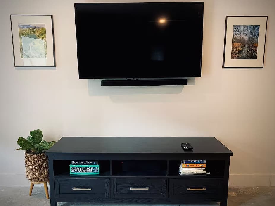 Entertainment setup featuring a wall-mounted flat-screen TV above a black media console with drawers and open shelving. Two framed artworks flank the TV, and a potted plant in a woven basket adds a touch of greenery.