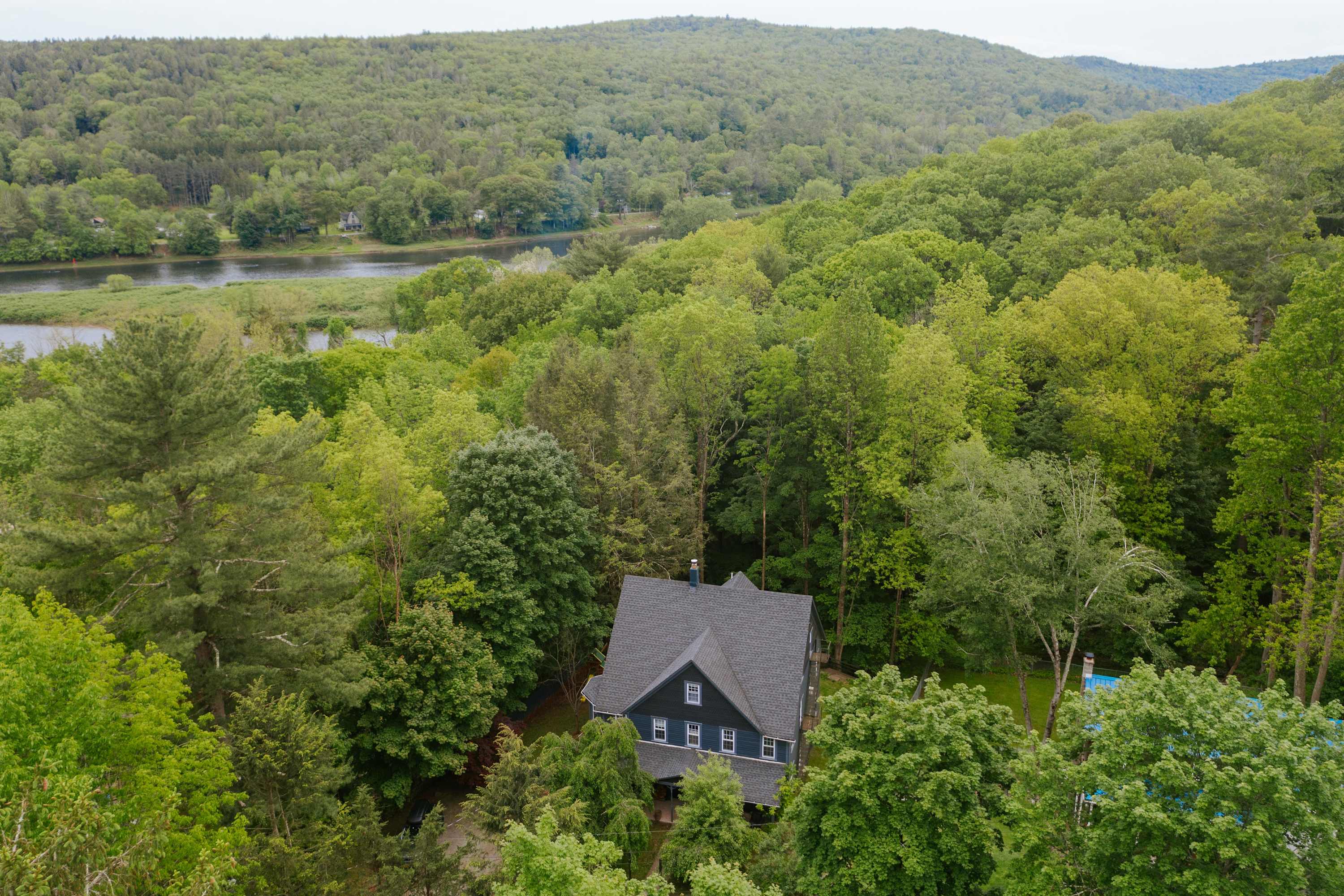 Aerial view of a dark-sided house with a gray shingled roof, nestled deep within a vibrant green forest. A winding river is visible in the background, surrounded by more wooded hills under a cloudy sky.