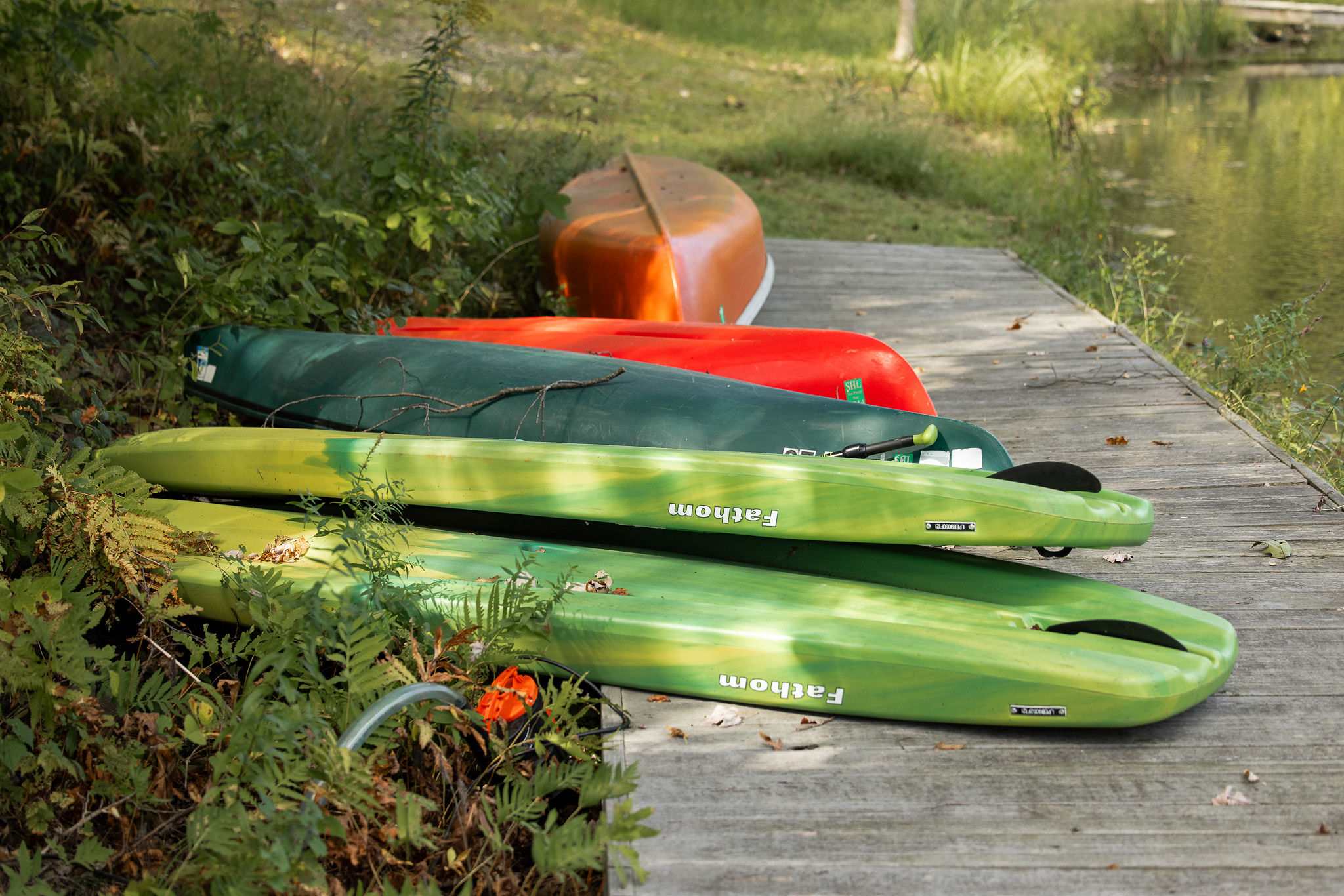 Several colorful kayaks and a canoe are neatly stacked on a rustic wooden dock, surrounded by lush green foliage. The calm water of the lake is visible in the background, suggesting opportunities for water activities.