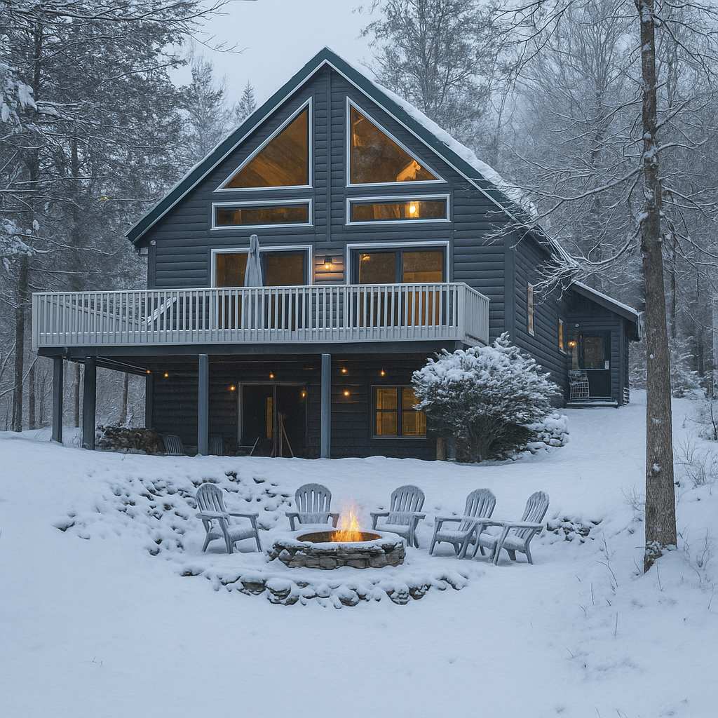 A picturesque winter scene of the gray log cabin's back, with snow blanketing the ground and a warm fire burning in the stone fire pit, surrounded by chairs, creating a cozy atmosphere.