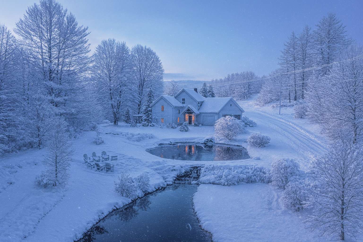An aerial view of a white house nestled in a snowy landscape at dusk, with warm lights glowing from inside, a partially frozen pond, and a winding stream. Snow-covered trees surround the property, creating a serene winter scene.